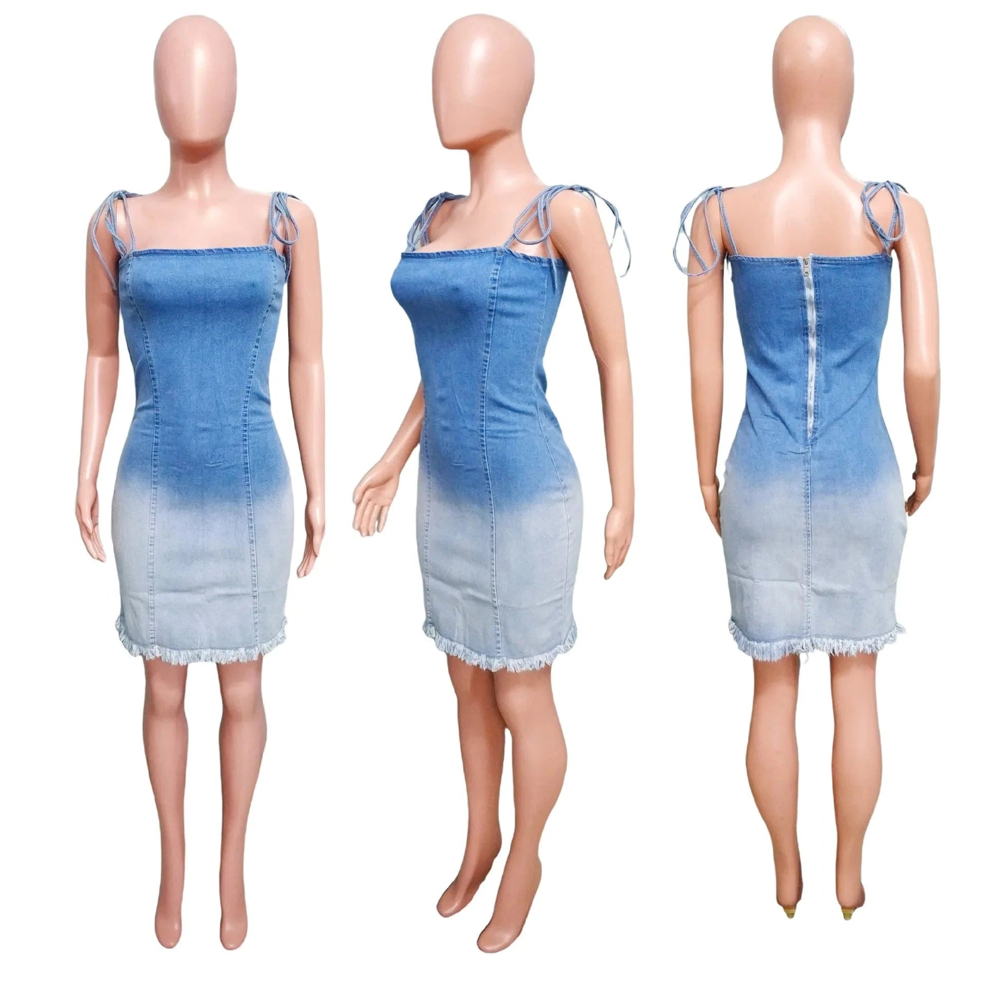 2 XL / Blue ZHEZHE 2024 summer gradient spaghetti strap women denim dresses slim fit sexy bodycon dress