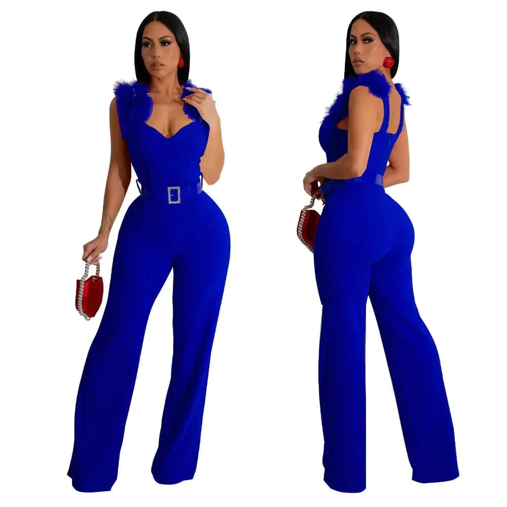 2 XL / Blue ZHEZHE Fashion 2024 summer street wear women clothes boutique one piece sleeveless feather strap sexy jumpsuit with belt