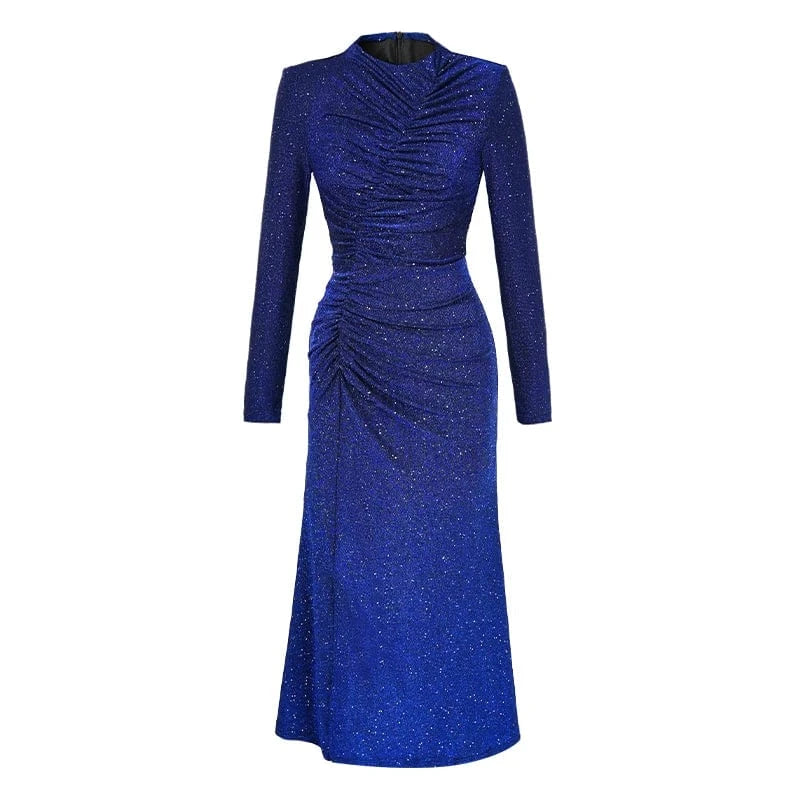 2 XL / Blue ZYHT 30615 Spring 2024 Custom Design Pleated Sequins Shining Long Mermaid Dress Woman Casual Side Slit Dresses