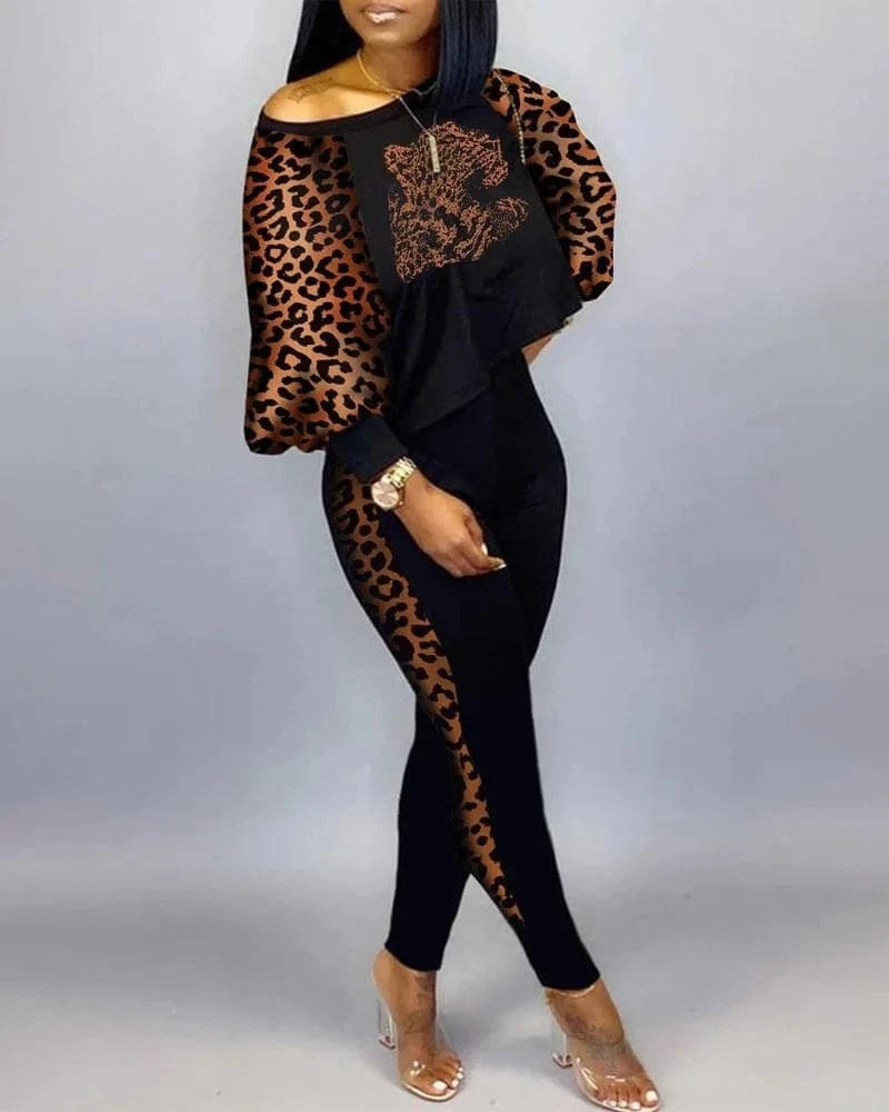 2 XL / Brown ANSZKTN Women Spring Fall Individuality Print Long Sleeve Pullover Long Pants Autumn Womens Two Piece Casual Sets