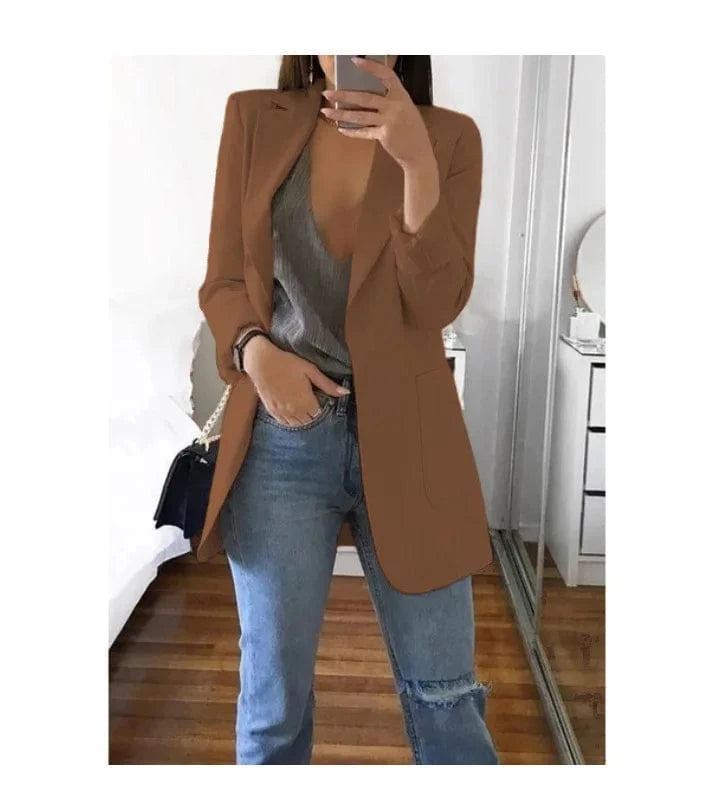 2 XL / Brown Hot Sale Plus Size Coat Long Sleeve Fashion Lapel Slim Cardigan Temperament Suit Jacket Women Blazer