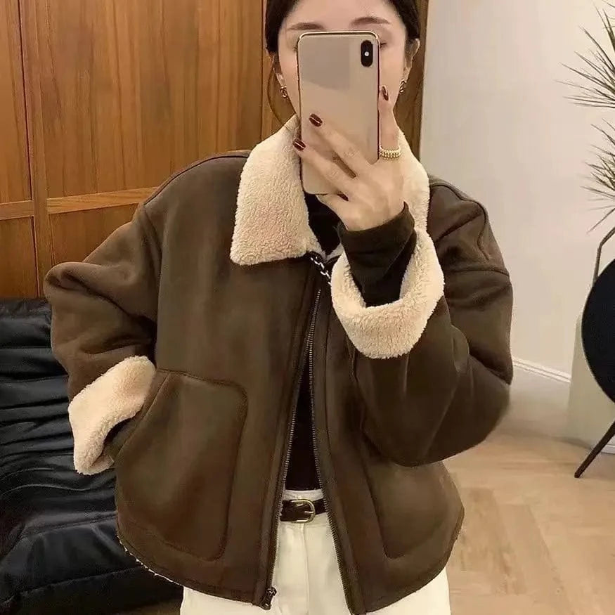 2 XL / Brown Liu Ming Popular Fashion 2024 Autumn Winter Women Thick Jacket Warm Outwear Patchwork Faux Lamb Wool Fur Plus Size Coat