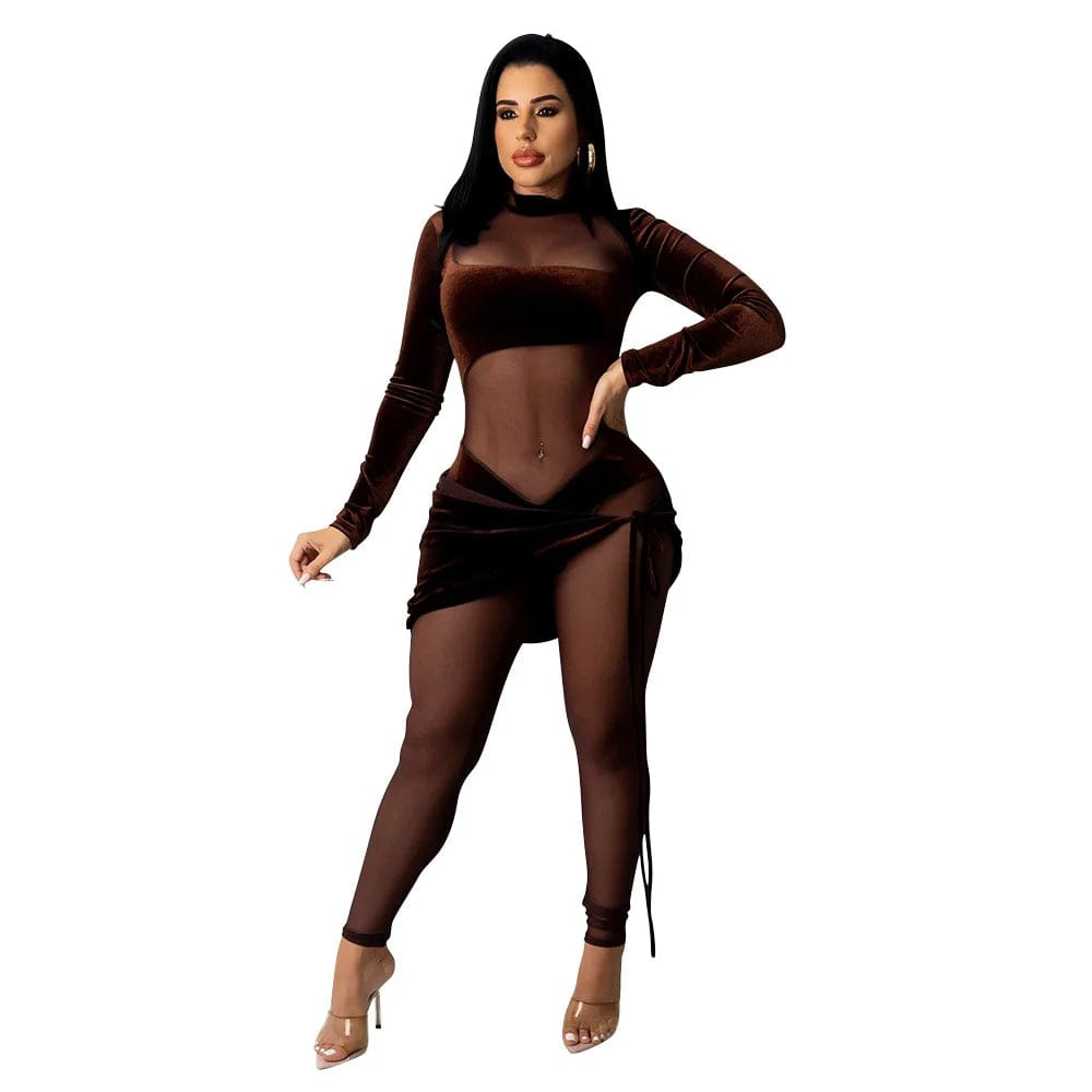 2 XL / Brown Os6269 2024 Fall Sexy Women Jumpsuit Long Sleeve Velvet Mesh See Through Patchwork One Piece Romper Plus Size Club Wear