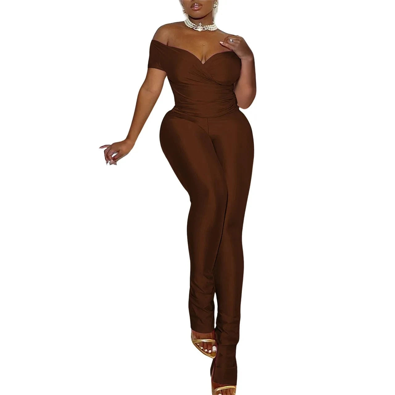 2 XL / Brown Q24S8491 Wholesale 2024 spring summer sexy bodycon long pants off shoulder short sleeve crop tops casual 2 piece set women
