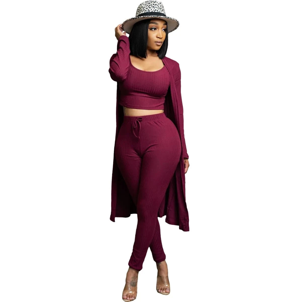 2 XL / Burgundy New Autumn Winter Ribbed 3pcs knitted Women Clothes Cardigan Coat Crop Top High Waist Long Pants Tracksuit 3 Piece Set Women