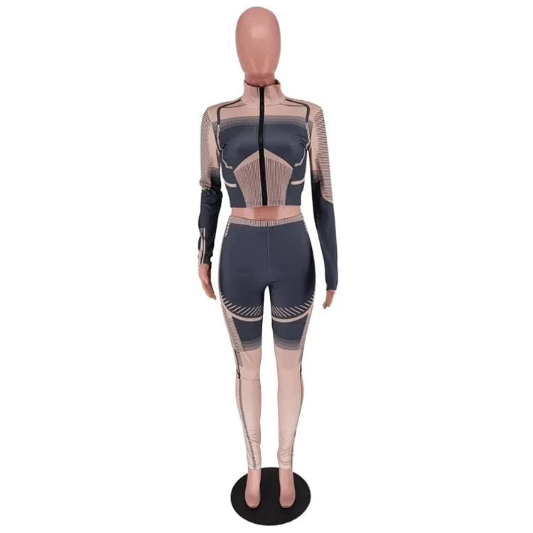 2 XL / C1101ST01 camel Bomblook C1101ST01 Irregular Print Sportswear Fitness Crop Top With Leggings Set Two Piece Set Women Clothing Workout Sets