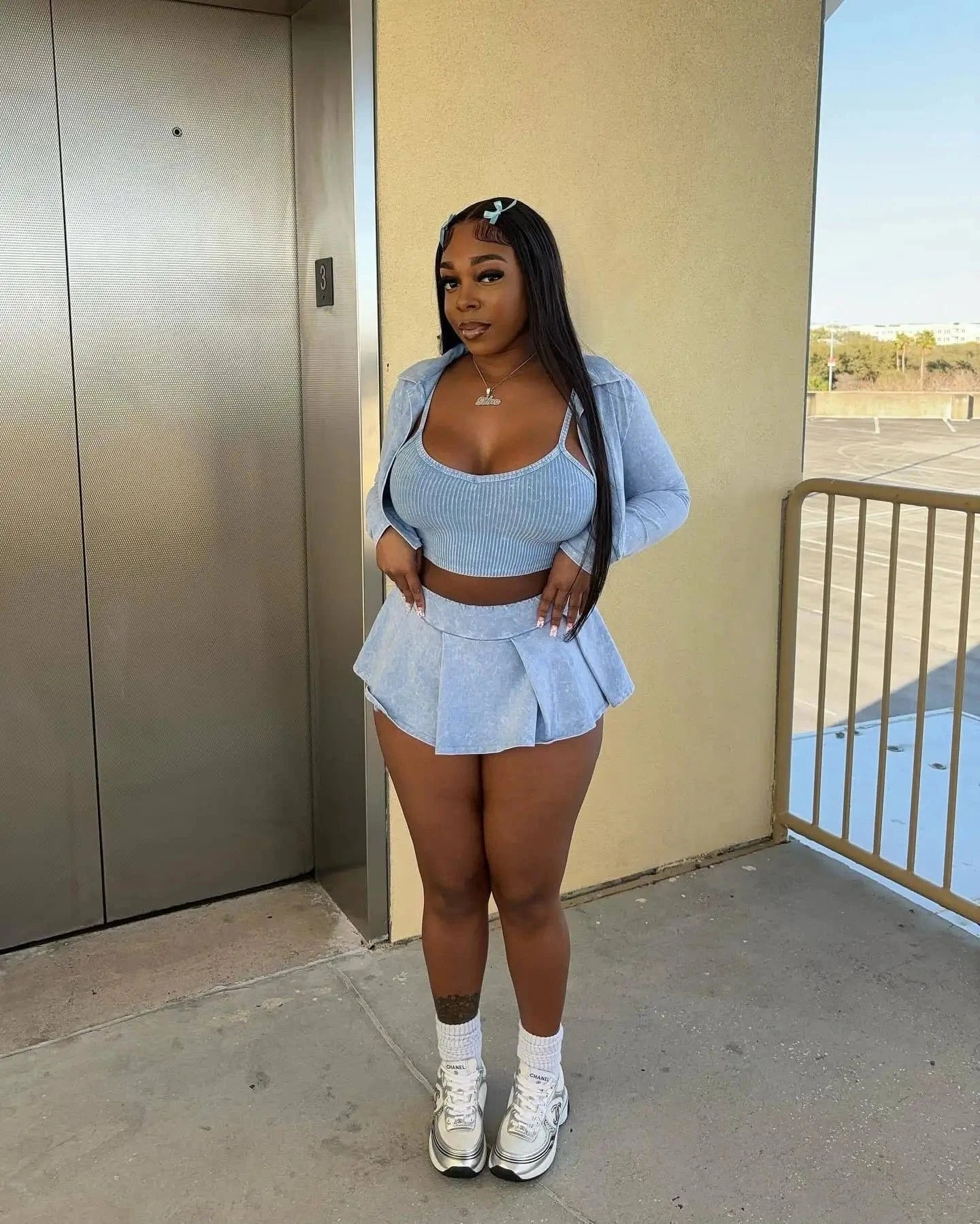 2 XL / C313ST Light Blue Bomblook C313ST Streetwear Printed 3 Pieces Set Tank Top With Skirt Cardigan Ribbed Three Piece Set Women Women Outfits 2024