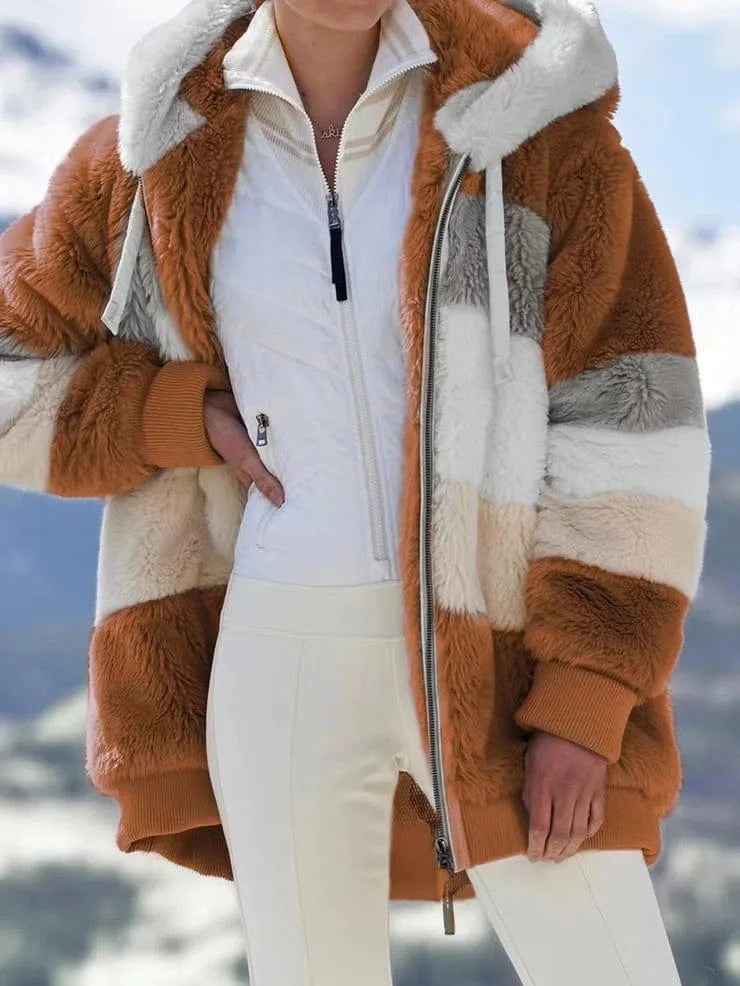 2 XL / caramel 2024 autumn/winter warm plush patchwork zippered pocket Hooded loose coat for women