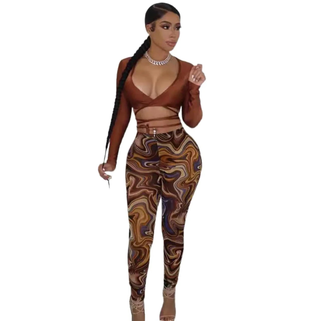 2 XL / Coffee Summer Bandage Two Piece Set Sexy V Neck Lace Up Long Sleeve Crop Top Print Sheer Mesh Pants Club Party 2 Piece Set Women