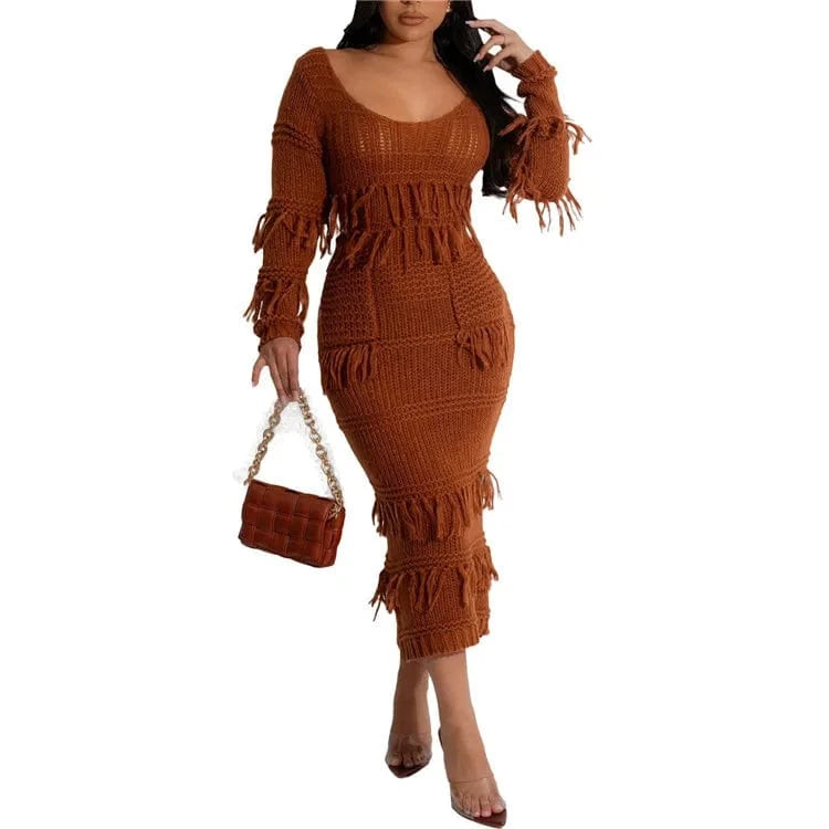 2 XL / Coffee Women Long Sleeve Tassel Bodycon Midi Knit Straight Dress 2024 Autumn Winter O-neck Sweater Vestidos Dresses