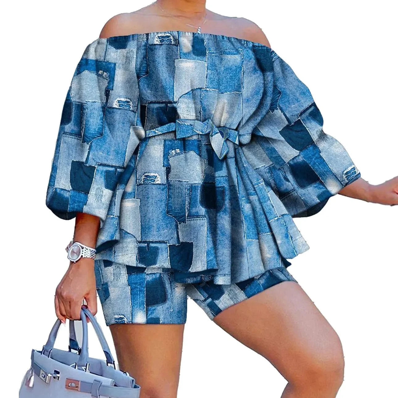 2 XL / Cowboy Z117802 2024 Print Ladies spring print Casual Off Shoulder Puff Sleeve plus size short sets women two piece for plus size women