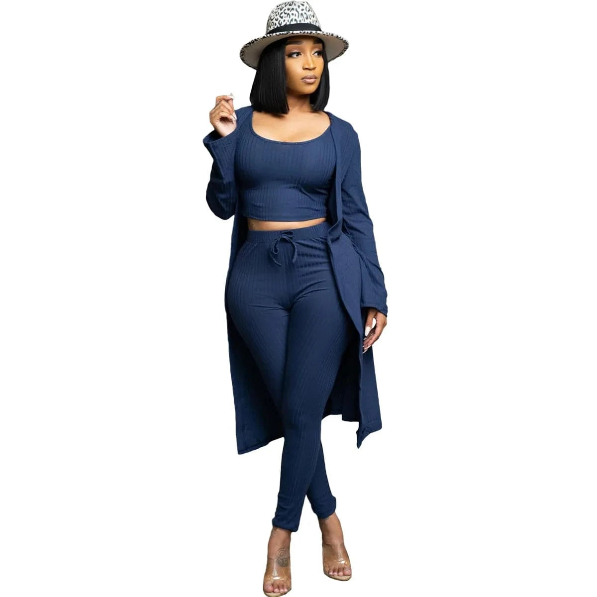 2 XL / Dark blue New Autumn Winter Ribbed 3pcs knitted Women Clothes Cardigan Coat Crop Top High Waist Long Pants Tracksuit 3 Piece Set Women