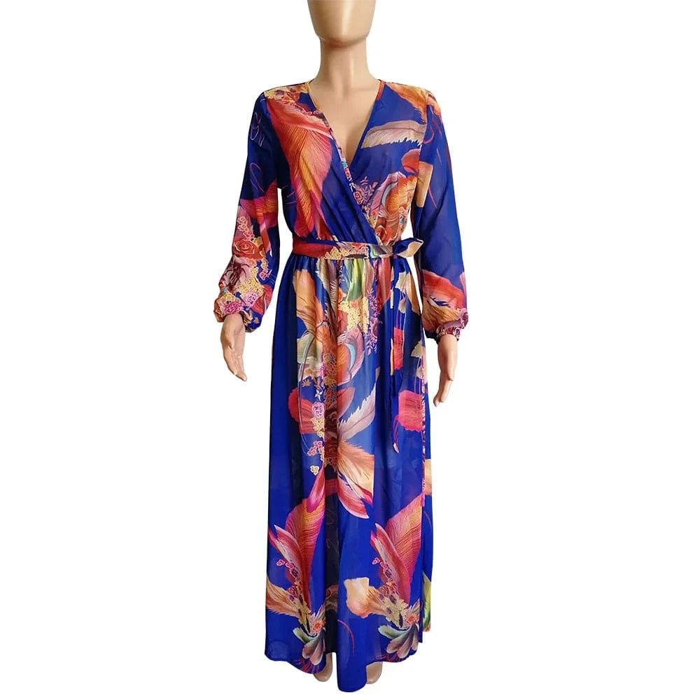 2 XL / Dark blue Wholesale Bohemia Woman Casual Dress Plus Size African Style V Neck Floral Print Chiffon Maxi Dresses Clothing Women Summer 2022
