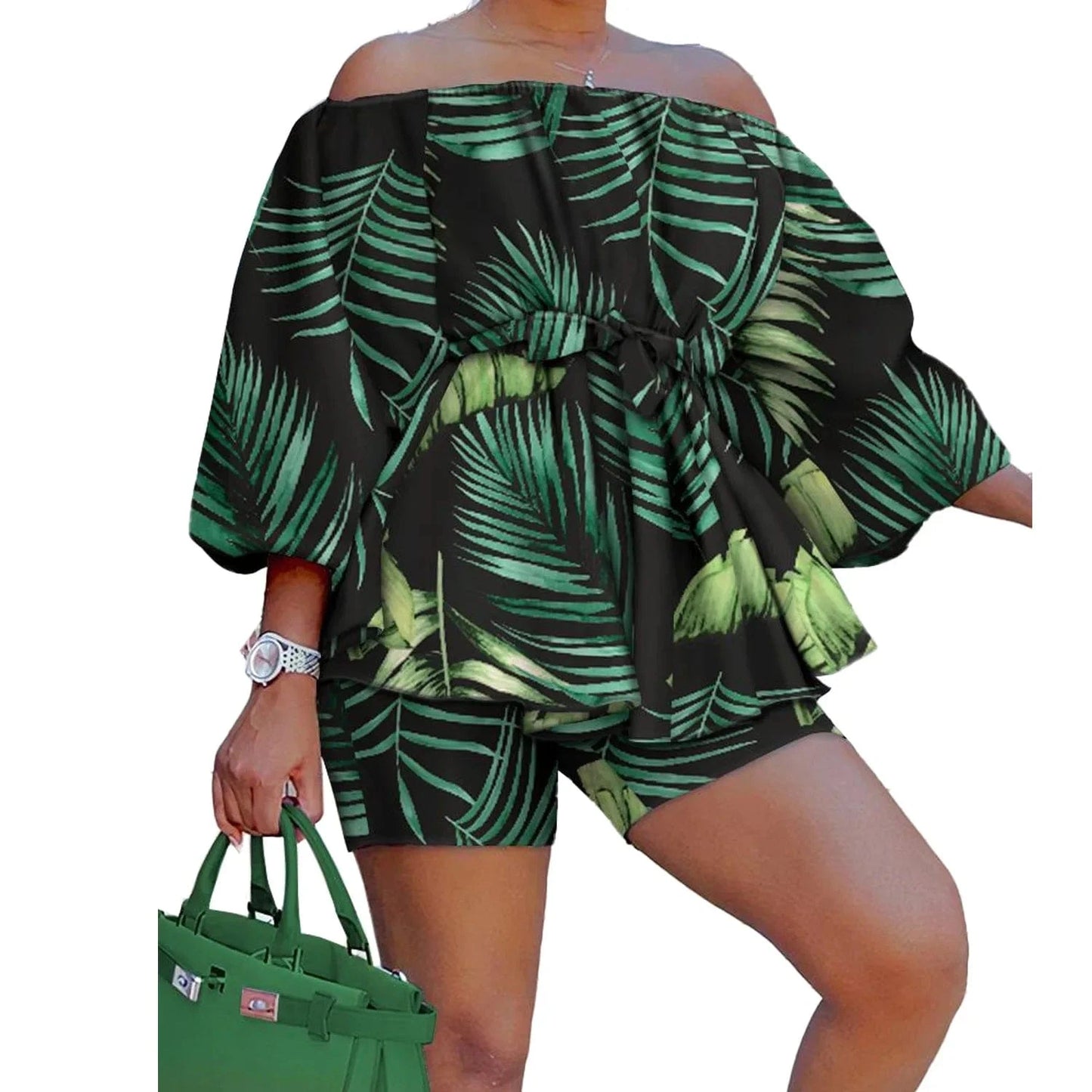 2 XL / Dark green Z117802 2024 Print Ladies spring print Casual Off Shoulder Puff Sleeve plus size short sets women two piece for plus size women
