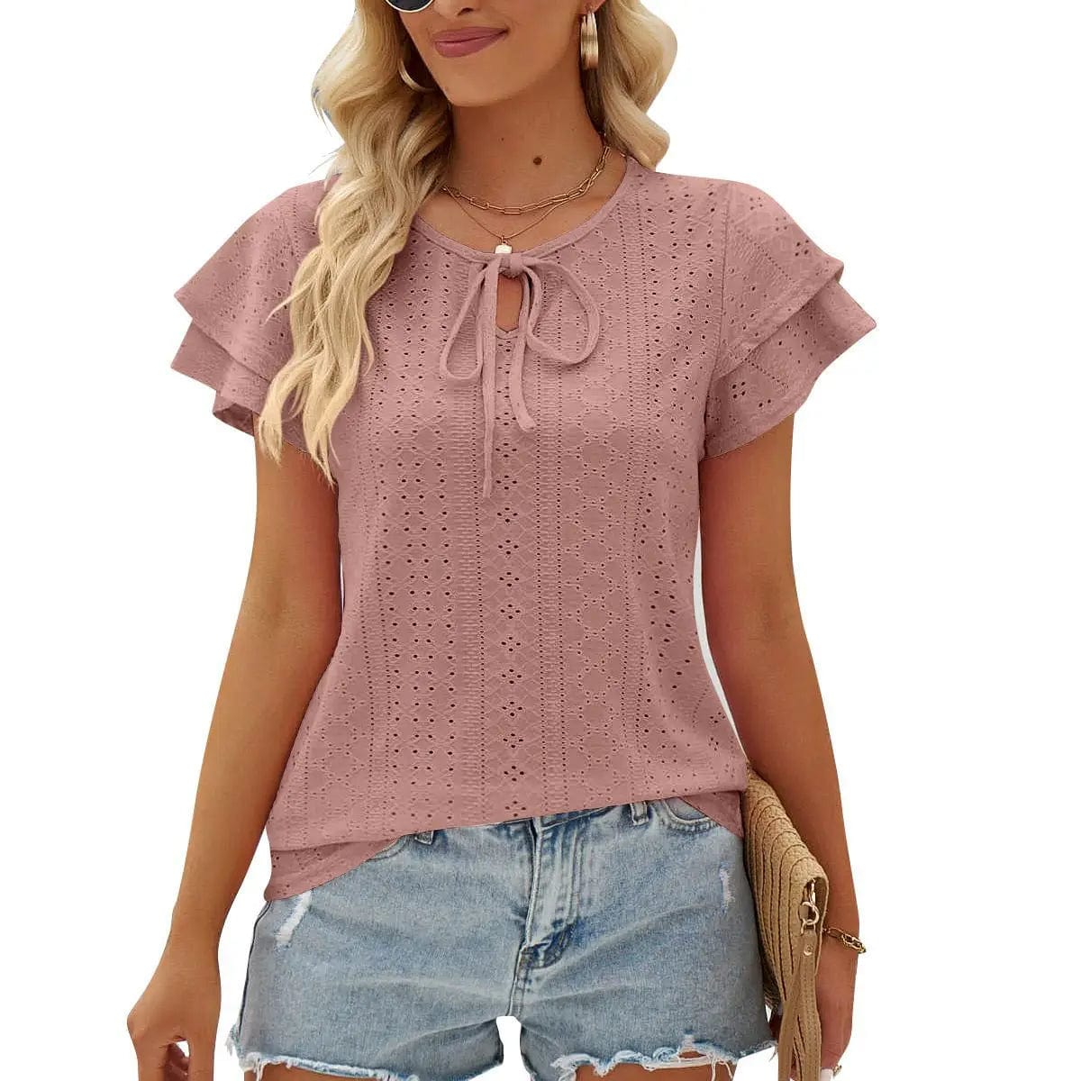 2 XL / Dark pink Summer Elegant Blouses Women 2024 New Fashion O Neck Short Sleeve Office Work Lady Shirt Casual Ladies Blouses