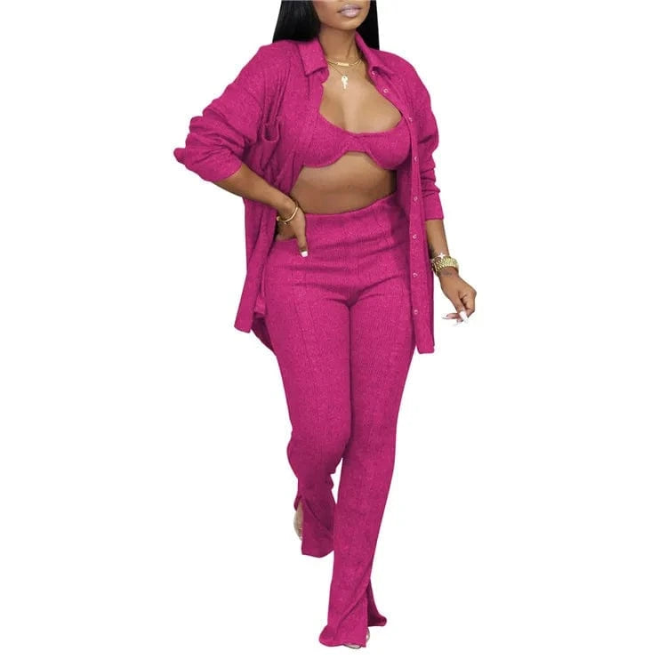 2 XL / Fuchsia 2024 New Fashion 3 Piece Outfits Matching Sets Women Knit Cardigan Cropped Bra Tops Flare Spilt Pants