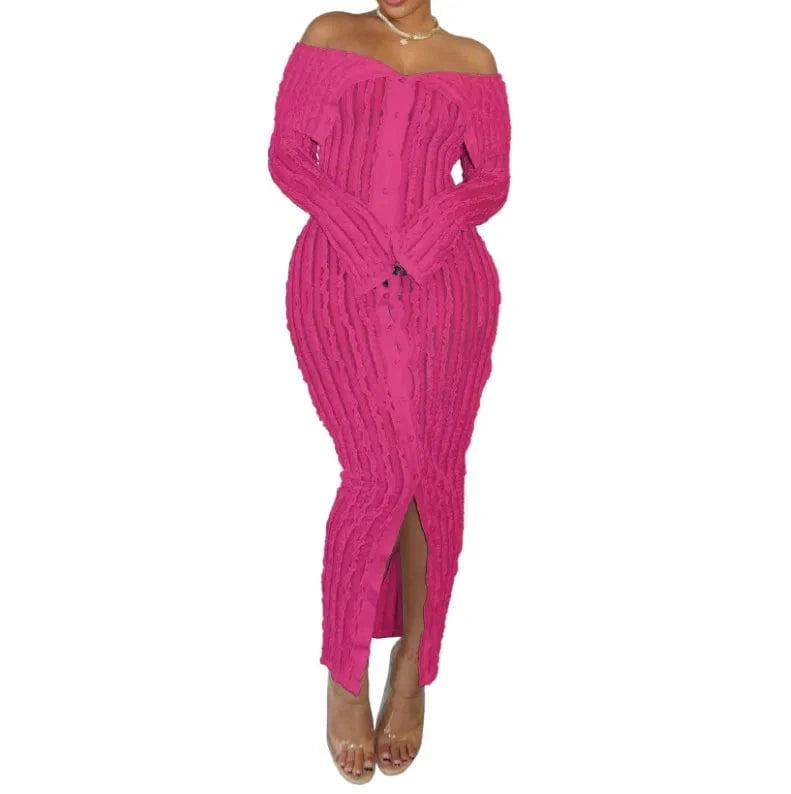 2 XL / Fuchsia G0654 Wholesale spring 2024 boutique clothes sexy wave casual dresses off shoulder long sleeve dress elegant women's dresses