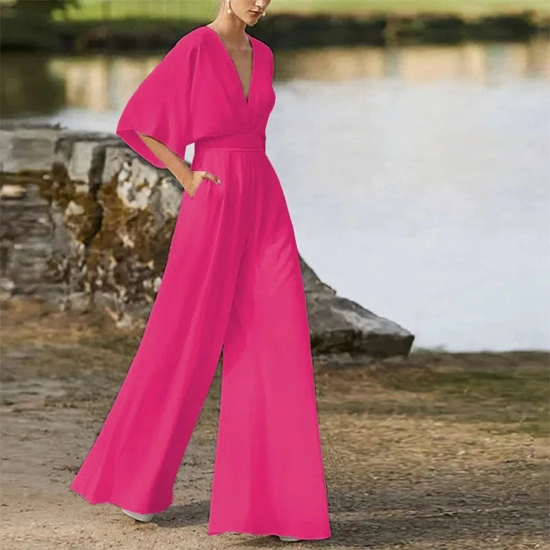 2 XL / Fuchsia Plus Size Elegant Office Jumpsuits Women Long Rompers 2024 Summer Casual Solid Color Ruffled Off Shoulder Overalls Streetwear