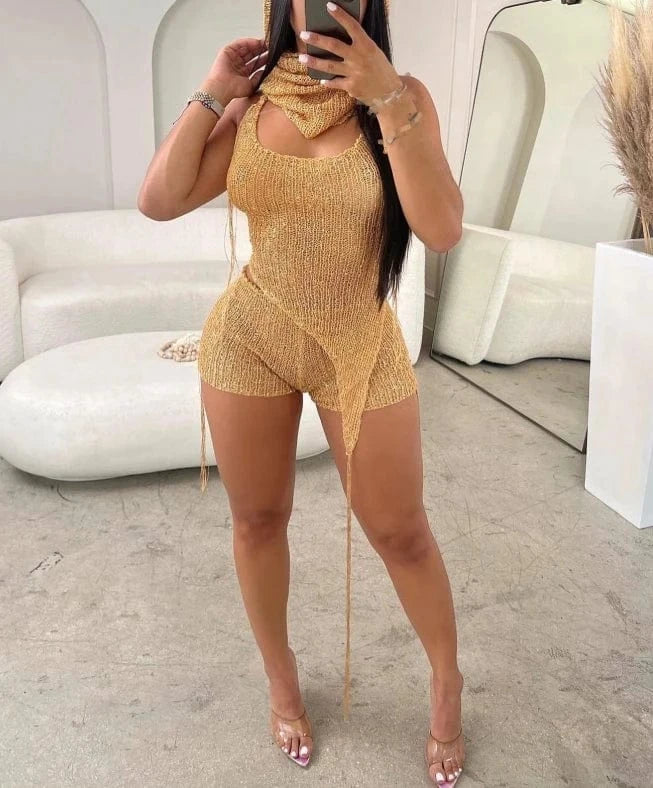 2 XL / Golden 2024 Sequins Knitted 3 Piece Set Hats + Lace Up Halter Backless Irregular Vests Top + Shorts Fashion Sexy Club Suit