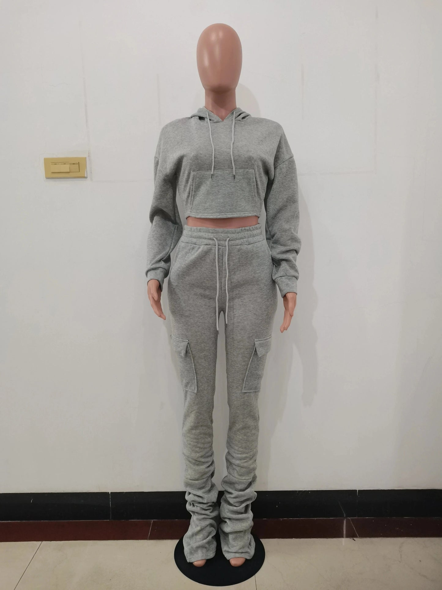 2 XL / Gray 2 2 Piece Set 2024 Thick Fleece Stacked Sweatpants And Hoodie Jogger Two Piece Pants Set Women Sweatsuit Set Tracksuit