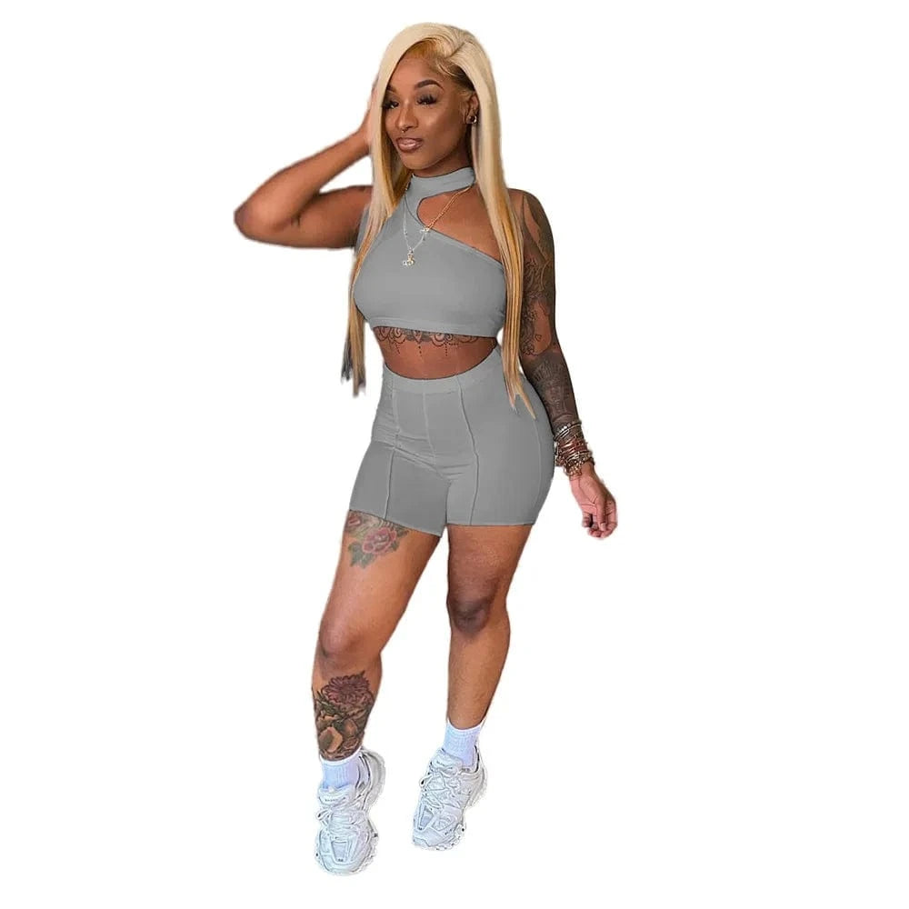 2 XL / Gray 2022 Fashion Tracksuit Summer Casual Outfit Women Set Solid Sleeveless Crop Top Sheath Elastic High Waist Shorts 2 Piece Sets