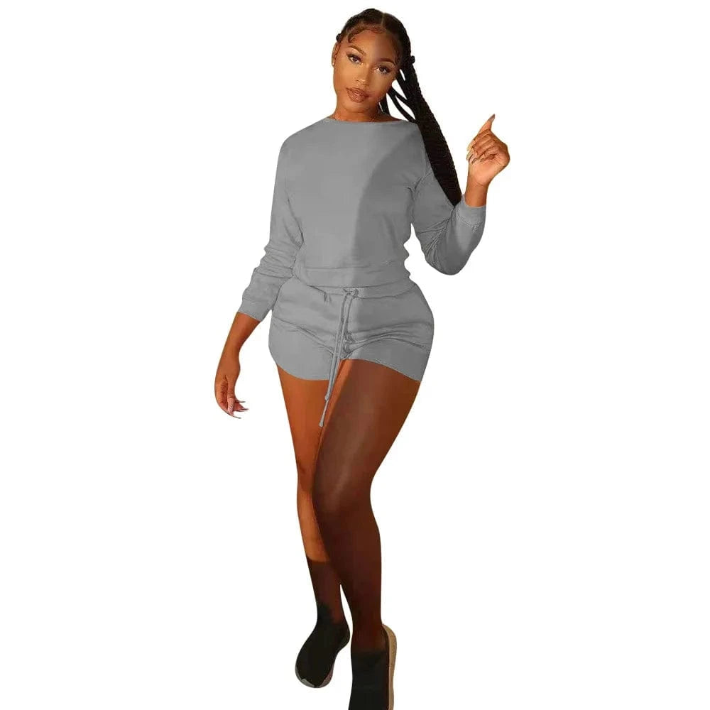 2 XL / Gray Casual Sweat Shorts Sets Fall 2 pc Two Piece Shorts Pant Set Long Sleeve Women Sweat Suit Set Clothing 2 Piece Plain Joggers