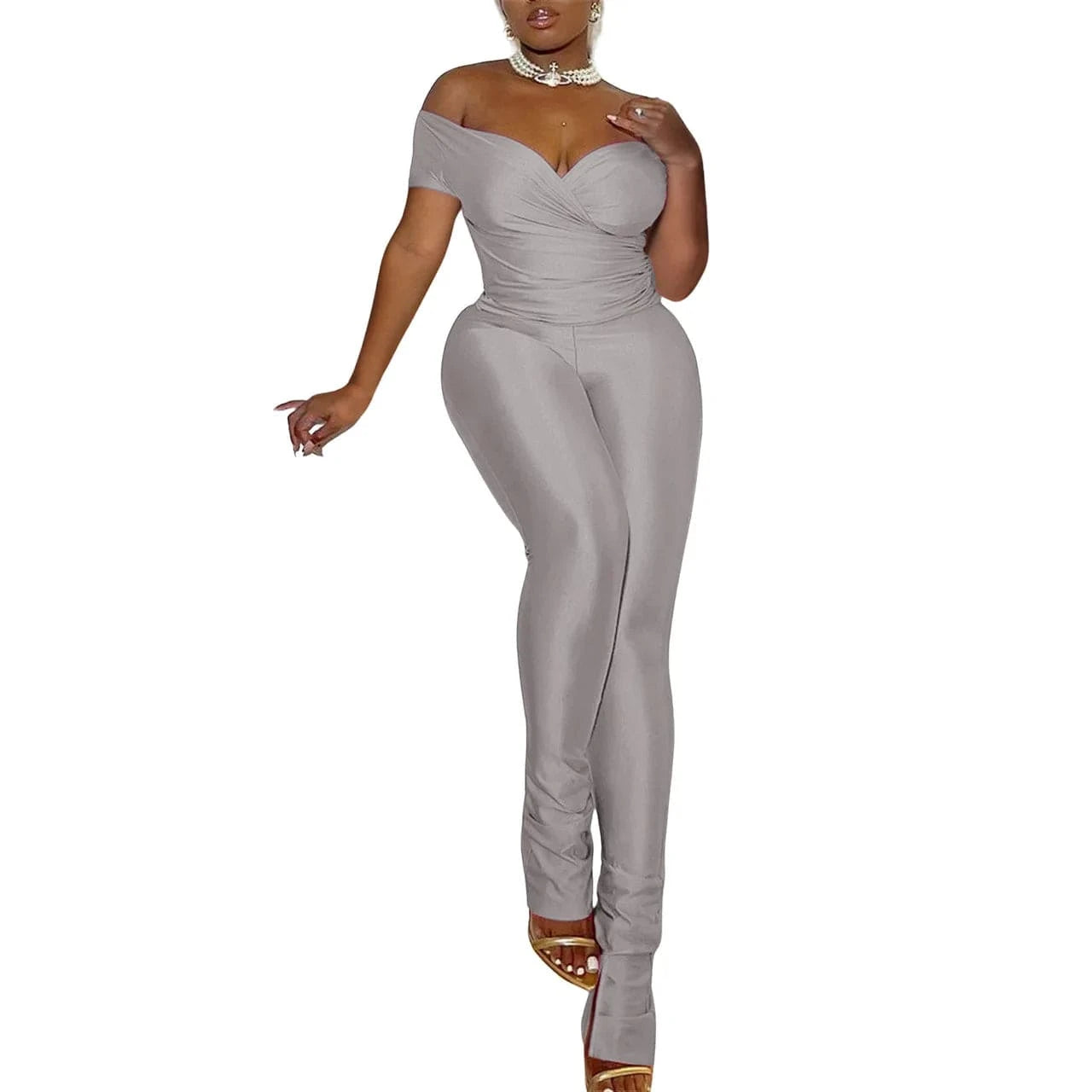 2 XL / Gray Q24S8491 Wholesale 2024 spring summer sexy bodycon long pants off shoulder short sleeve crop tops casual 2 piece set women