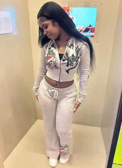 2 XL / Gray Spring Pink Zip Hooded Crop Tops Streetwear Suit 2024 Printed Two Piece Pants Set Women Casual Tracksuits Hooded Jogger Suits