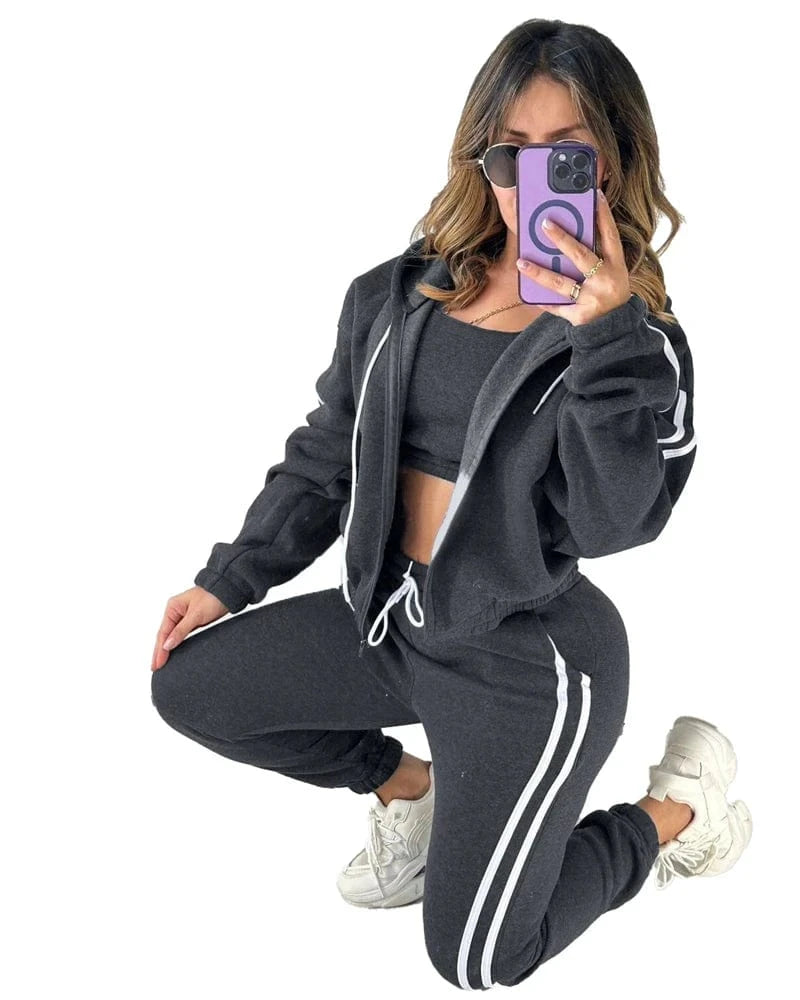 2 XL / Gray winter fall 2024 ladies casual fleece velvet velour warm clothing 3 piece women active workout set sport tracksuit for women