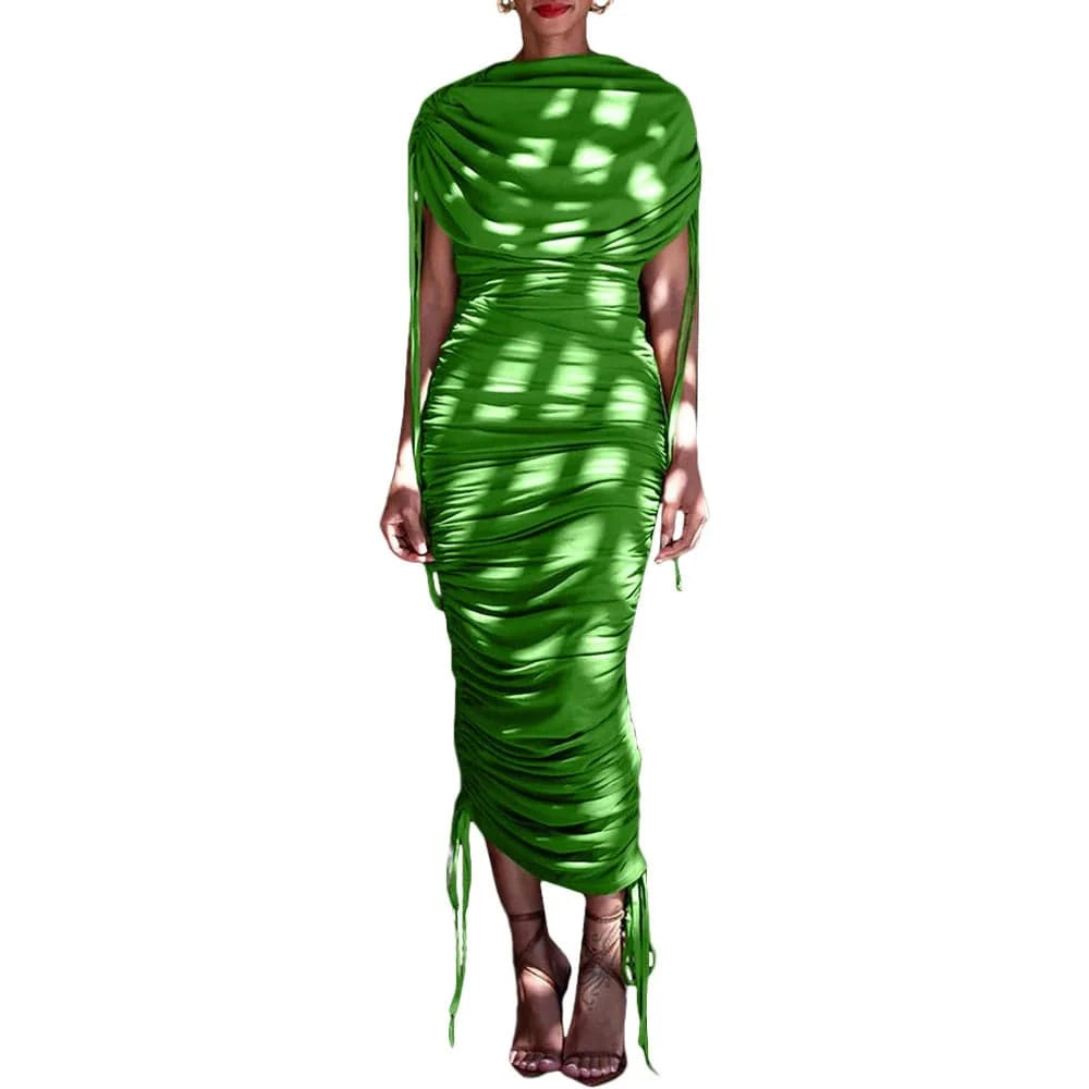 2 XL / Green 2024 New Arrivals Hot Sale Elegant Casual Wrinkle Drawstring Zipper Irregular Pleated Long Maxi Women's Dress