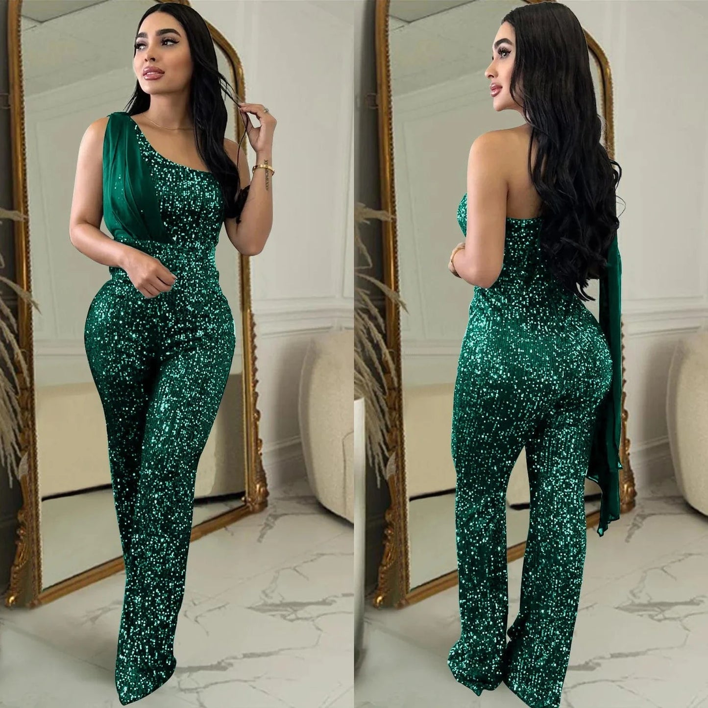 2 XL / Green 2024 New European and American Fashion Women's Solid Color Sleeveless Single Shoulder Sequin Pants Women Jumpsuit