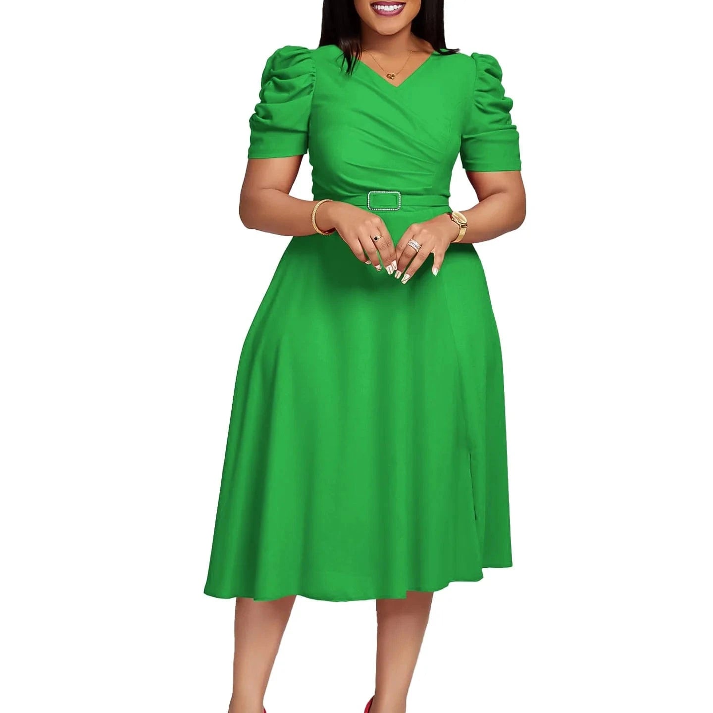 2 XL / Green D490 Latest Design Elegant Summer Dress For Women Short Sleeve V-neck Ruched A-line Ladies Office Dresses Women Casual Dresses