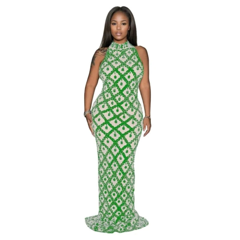 2 XL / Green Fashion Design Sexy Solid Color Sequins Halter Bodycon Backless Club Maxi Dress For Women Sehe Fashion