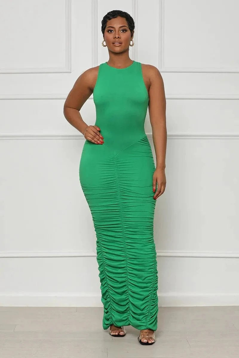 2 XL / Green Liu Ming Spring Summer Fashion 2024 Women Casual Crew Neck Sleeveless Solid Pleated Bodycon Maxi Dress