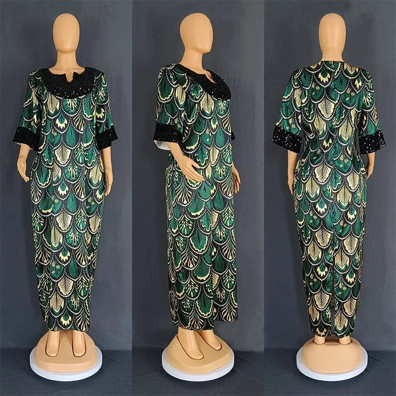 2 XL / Green Liu Ming Wholesale African Fashion 2024 Women Clothes Traditional Flower Print Slit Caftan Abaya Robe Long Dress