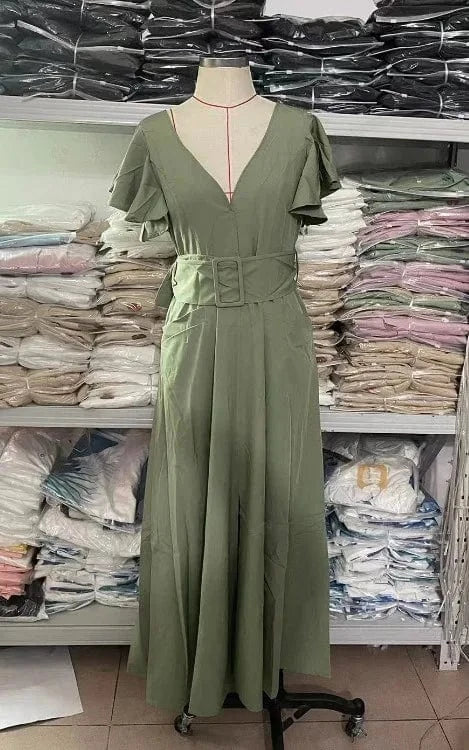 2 XL / Green PDEP 2024 new V-neck solid colors ruffled sleeves long dress for women formal dresses women lady elegant