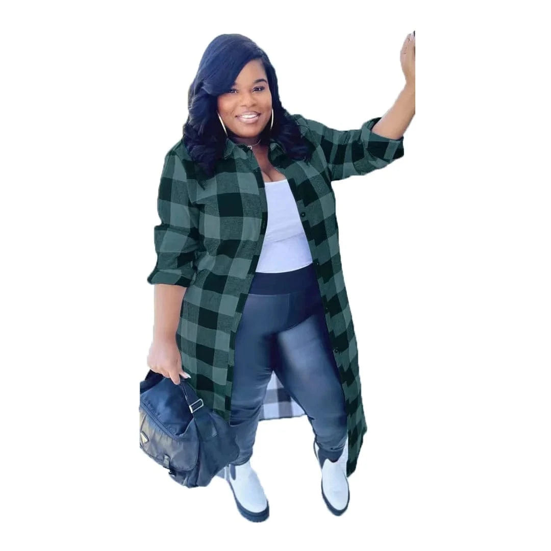 2 XL / green Plus size Long Sleeve Shirt Long Plaid Jacket Winter and Autumn Jacket Patchwork Plaid Jacket