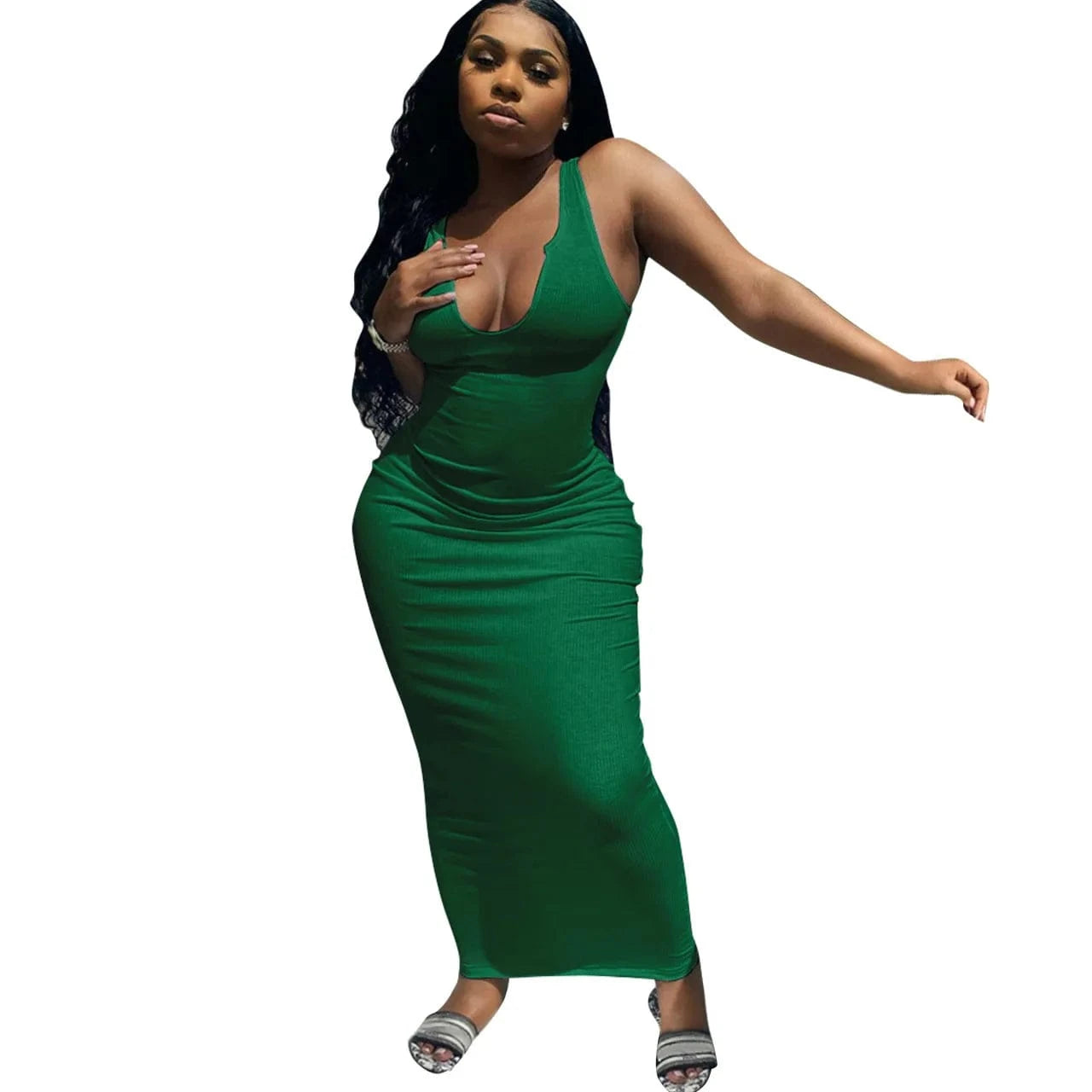 2 XL / Green Ribbed Knitted Elastic Sleeveless Bodycon Tank Dress Maxi Casual Dresses Women 2024 Deep V-Neck Elegant Plain Dyed Sexy Dress