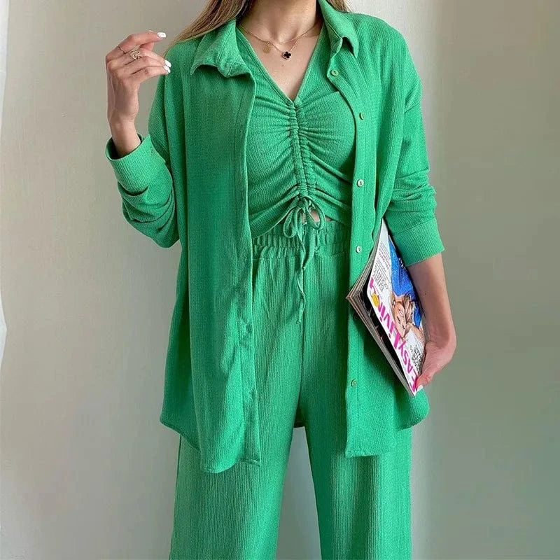 2 XL / Green Women's clothing 2024 New arrival  women autumn long sleeve shirt drawstring short sleeve wide leg pants three pieces set