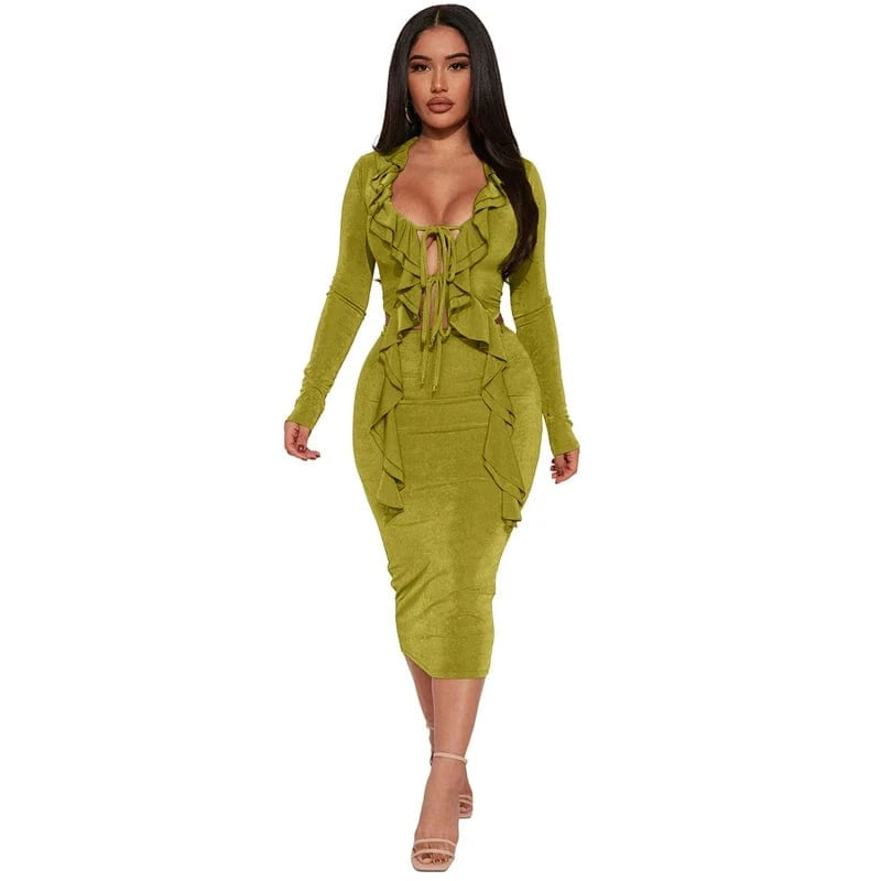 2 XL / Green women's long sleeve tie front top t shirt and midi skirt 2 two piece set women summer spring 2024 sexy elegant clothing outfit