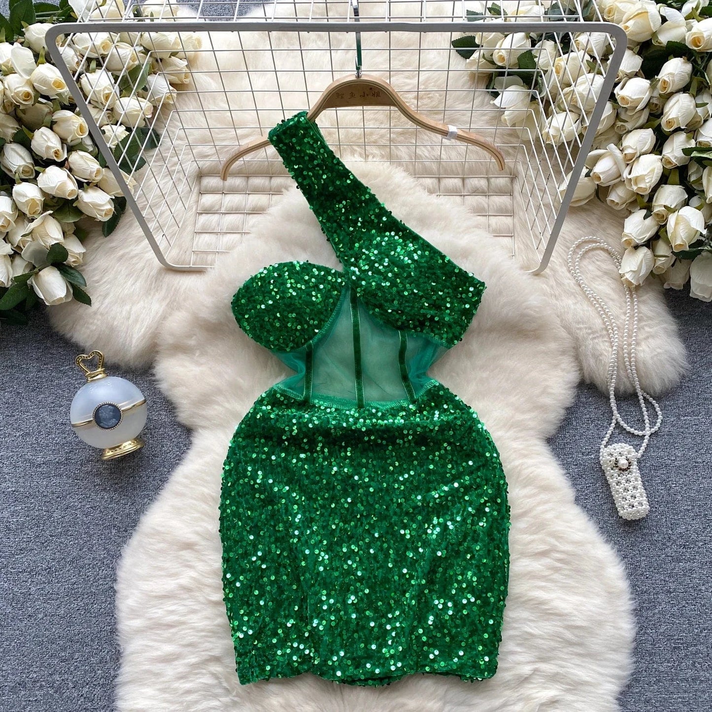 2 XL / Green Women Sequined Halter Neck Sleeveless Bodycon Mesh Patchwork Mini Midi Dress 2024 Summer Sexy Club Party Evening Dresses