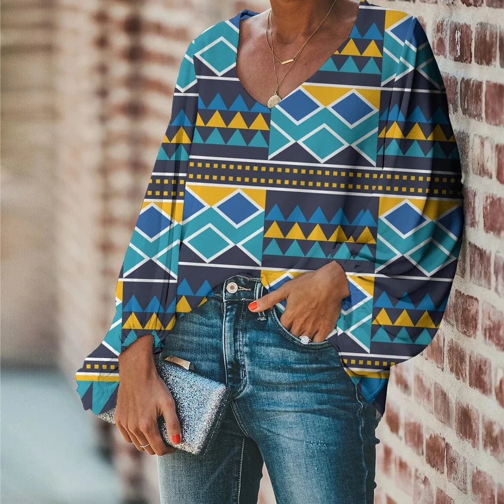 2 XL / HQD047B2 Afro Dashiki Adinkra Kente Pattern Long Sleeve V-Neck Chiffon Top
