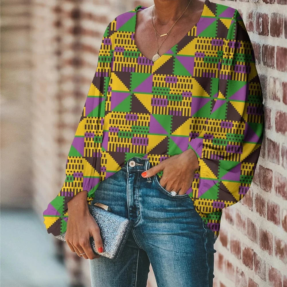 2 XL / HQD056B2 Afro Dashiki Adinkra Kente Pattern Long Sleeve V-Neck Chiffon Top