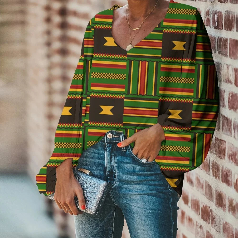 2 XL / HQD059B2 Afro Dashiki Adinkra Kente Pattern Long Sleeve V-Neck Chiffon Top