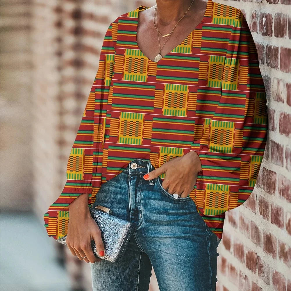 2 XL / HQD060B2 Afro Dashiki Adinkra Kente Pattern Long Sleeve V-Neck Chiffon Top