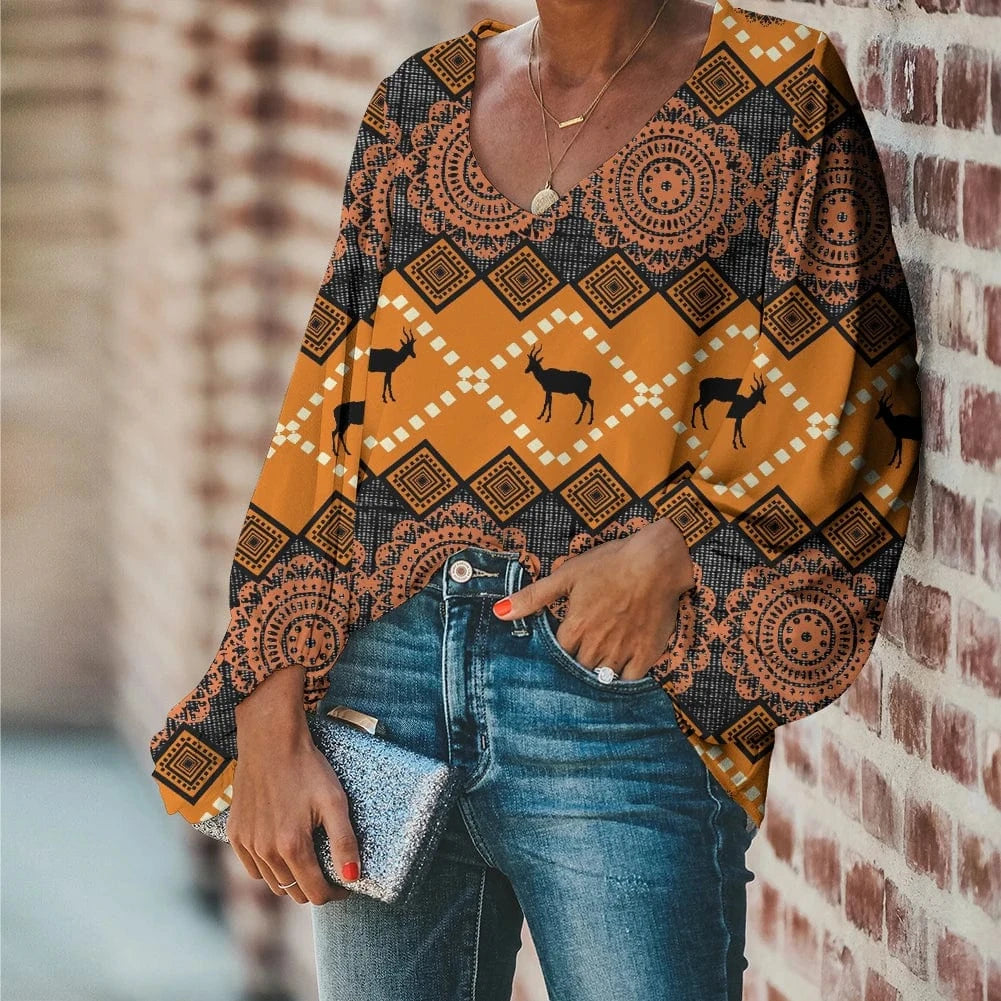 2 XL / HQD066B2 Afro Dashiki Adinkra Kente Pattern Long Sleeve V-Neck Chiffon Top