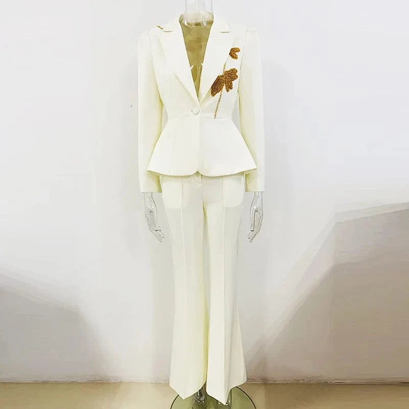 2 XL / Ivory European Style Fine Workmanship Beading Lady Formal Workwear 2Pcs Single Button Blazer Flared Pants Solid Suit
