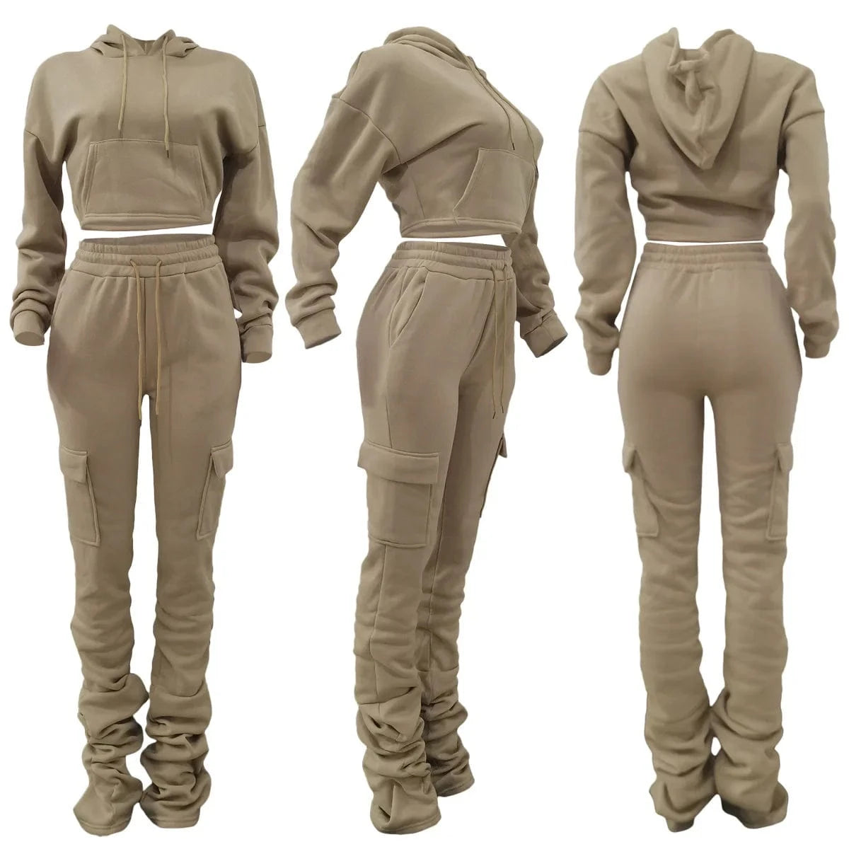 2 XL / Khaki 2 2 Piece Set 2024 Thick Fleece Stacked Sweatpants And Hoodie Jogger Two Piece Pants Set Women Sweatsuit Set Tracksuit