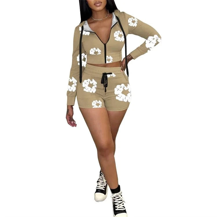 2 XL / Khaki 2 Pieces Set Sexy Fashion Women 2024 Summer Spring Female Tops Flower Printing Long Sleeve Hoodies And Elastic Waist Shorts Suit
