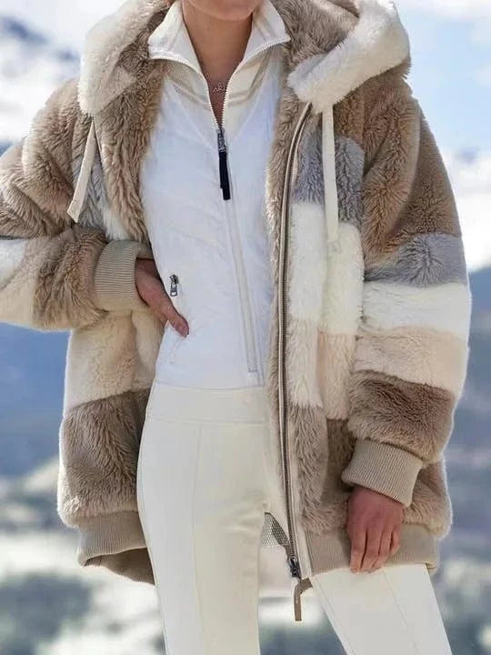 2 XL / khaki 2024 autumn/winter warm plush patchwork zippered pocket Hooded loose coat for women